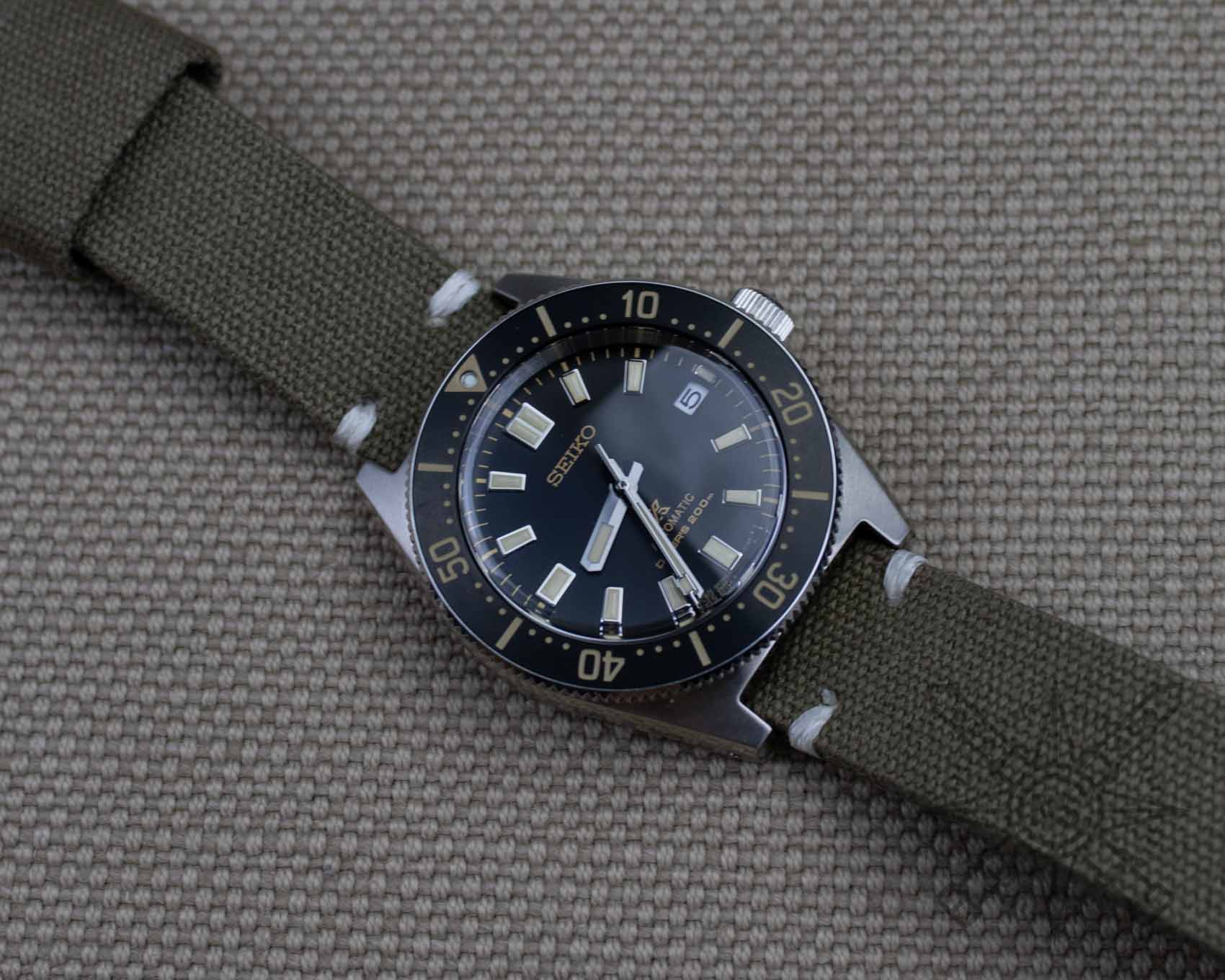 Vintage canvas watch strap on a Seiko dive watch