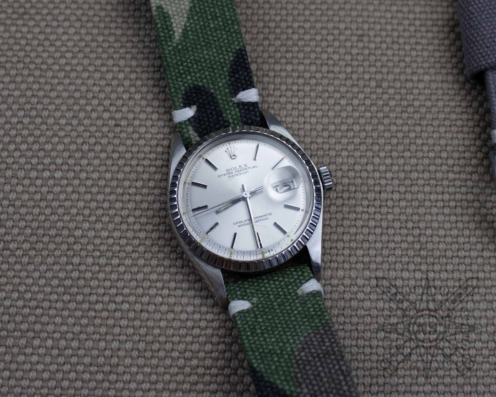 Camo canvas watch strap on a vintage Rolex Datejust